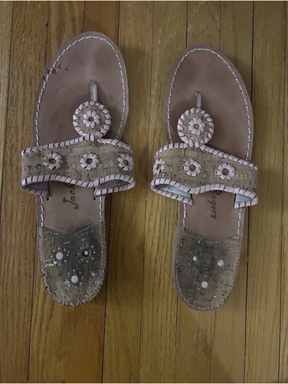 Jack Rogers Neutral Beige and Pale Pink Cork Trim Leather Thong Sandals